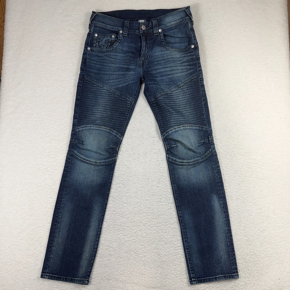True Religion Jeans Blue Moto Skinny Run Stitch Knee Stretch 33 (34x32) READ*